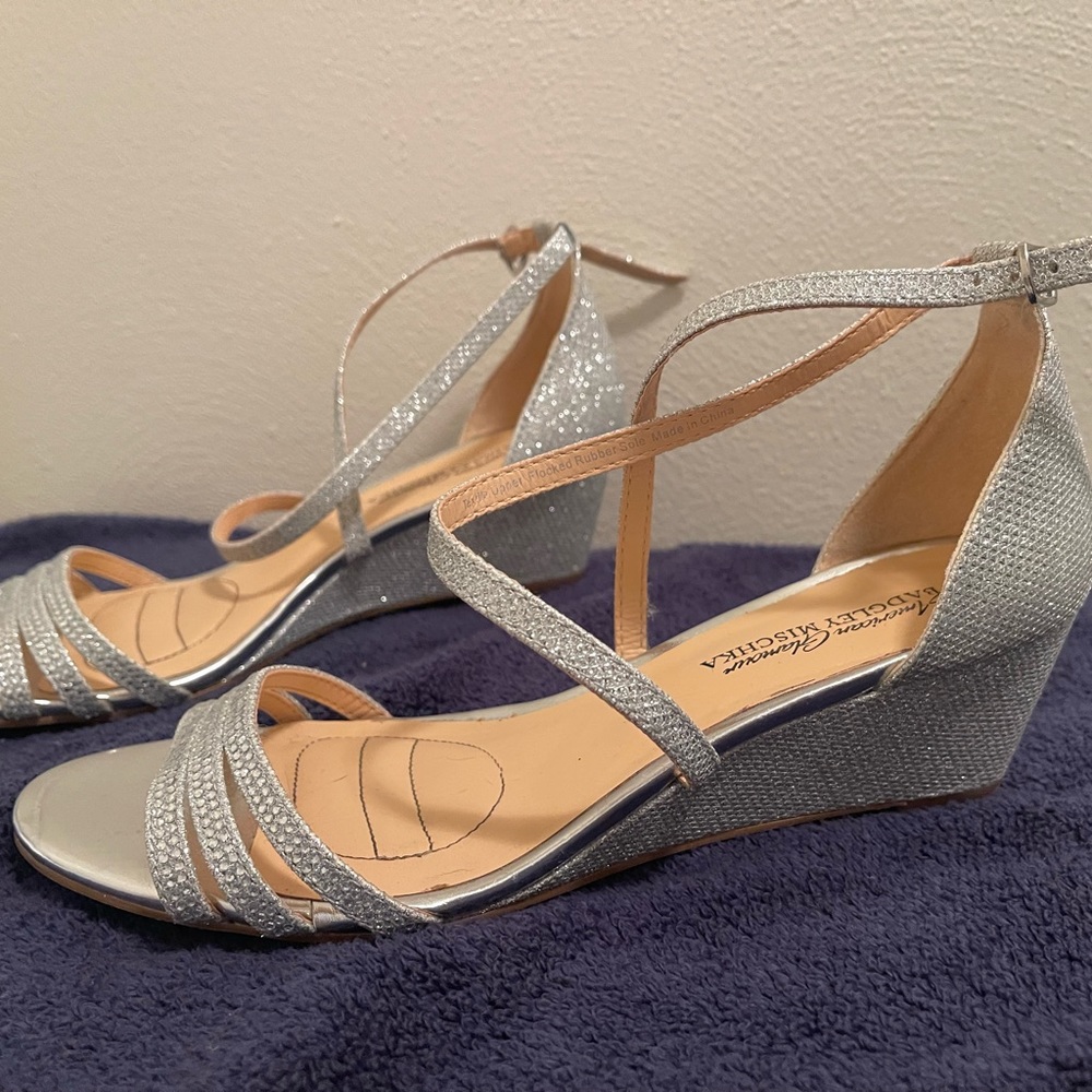 Size 8 sparkly, silver wedged shoes